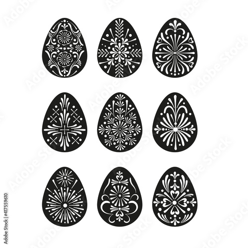 Easter folksy decorative Eggs with Ukrainian Pysanka folk art ornament vector black white isolated clipart set Traditional Easter ornament for Christian spring holidays.
