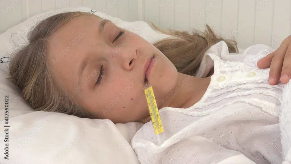 Sick Kid in Bed, Ill Child with Thermometer, Isolated Sleeping Girl in Hospital, Pills Medicine Healthcare Medical Outbreak Crisis Sick Kid in Bed, Ill Child with Thermometer, Isolated Sleeping Girl in Hospital, Pills Medicine Healthcare Medical Outbreak Crisis
