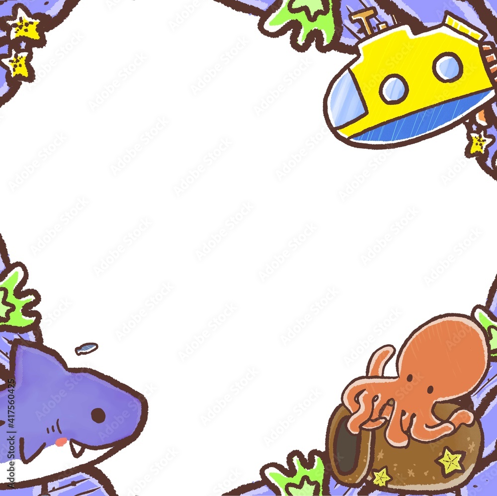R もっとメルヘンな水族館 壁紙 フレーム 潜水艦 サメ タコ Stock Illustration Adobe Stock