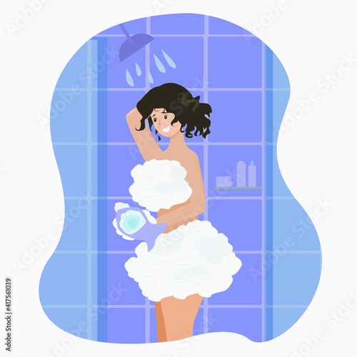 Girl washes in the shower with a washcloth