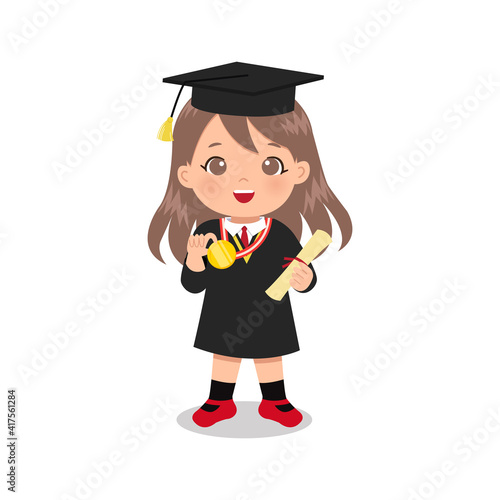 Cute girl celebrate graduation in gown while holding a medal and certificate. Flat vector cartoon design isolated