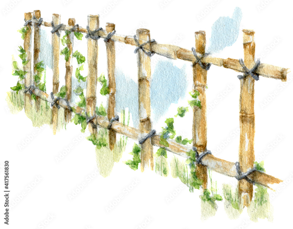 Obraz premium Hand drawn watercolor illustration, country garden vertical bed. Village gardering composition clipart, spring sowing work on the garden bed, isolated on a white background