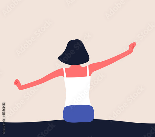 Woman wake up in the morning, stretching in bed with raised arms. Flat vector illlustration of waking up.