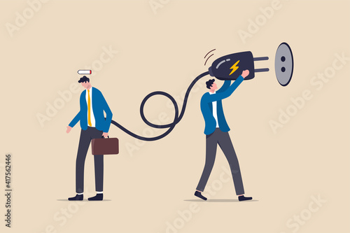 Recharge energy to exhausted fatigue office employee, refresh from overworked or burn out concept, businessman manager holding huge electric plug to recharge low battery exhausted businessman worker.