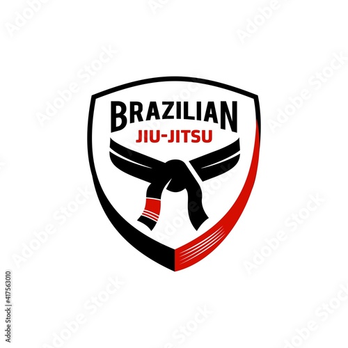 Brazilian jiu jitsu black and red belt logo icon vector illustration design, symbol mix muscle art academy or school isolated on white Background. photo