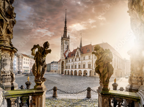Olomouc - baroque pearl of Moravia Main square with renessaince townhall from column of st. Trinity in winter