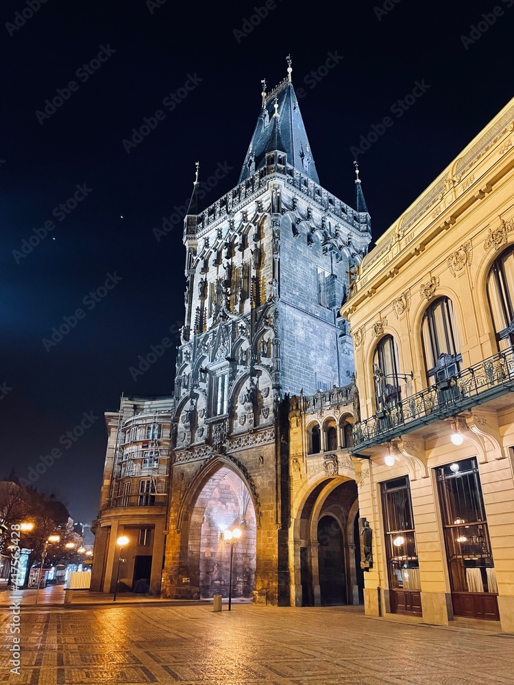 Prague, Czech Republic 3.1.2021 - Empty night Prague during the covid lockdown. The Powder tower during the night. Prasna brana. 