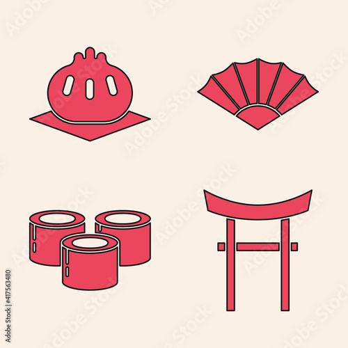 Set Japan Gate, Khinkali on cutting board, Paper chinese or japanese folding fan and Sushi icon. Vector.