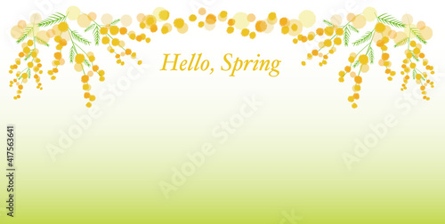 Spring flowers frame for web, banner and graphics design. Hello, Spring illustration. Vector illustration. ミモザフレーム、春デザインフレーム、春バナーデザイン
