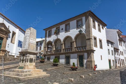 View at the piazza on Bragança city downtown, with classic buildings, portuguese vernacular architecture