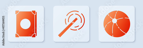Set Magic wand, Ancient magic book and Beach ball. White square button. Vector.