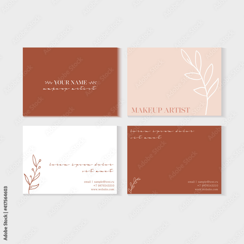 Makeup artist business card set. Natural abstract background in warm colors. Leaves elements. Vector illustration of trendy universal artistic template.
