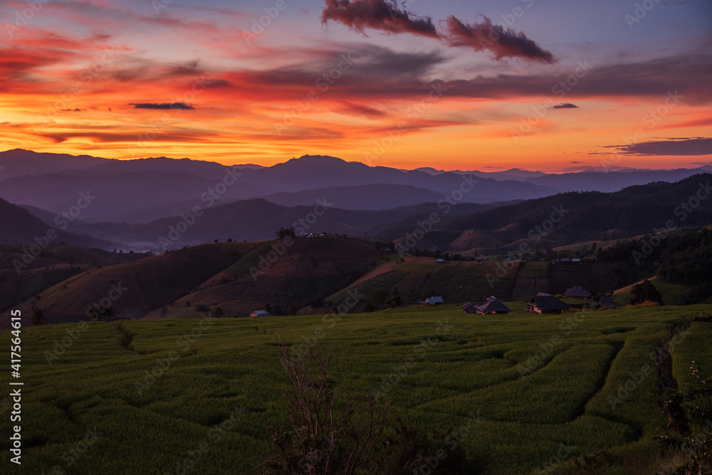 sunset in the mountains with rice terrace on Northern of Thailand