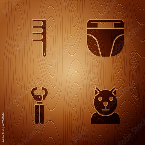 Set Cat, Hair brush for dog and cat, Pet nail clippers and Diaper on wooden background. Vector.