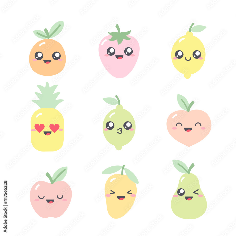 Collection of cute drawing with fruit characters in pastel colors. Set of kawaii illustrations with fruits-apple; pineapple; lime; lemon; grapefruit; mango, pear, strawberry and peach Collection of cute drawing with fruit characters in pastel colors. Set of kawaii illustrations with fruits-apple; pineapple; lime; lemon; grapefruit; mango, pear, strawberry and peach