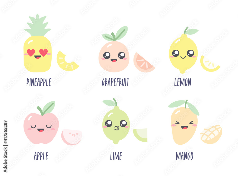 Collection of cute drawing with fruit characters in pastel colors. Set of kawaii illustrations with fruits-apple; pineapple; lime; lemon; grapefruit; mango Collection of cute drawing with fruit characters in pastel colors. Set of kawaii illustrations with fruits-apple; pineapple; lime; lemon; grapefruit; mango