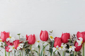 Beautiful red tulips,daffodils, eucalyptus flowers on rustic white wood flat lay. Greeting card