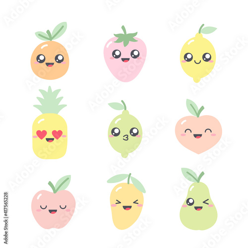 Fototapeta Naklejka Na Ścianę i Meble -  Collection of cute drawing with fruit characters in pastel colors. Set of kawaii illustrations with fruits-apple; pineapple; lime; lemon; grapefruit; mango, pear, strawberry and peach