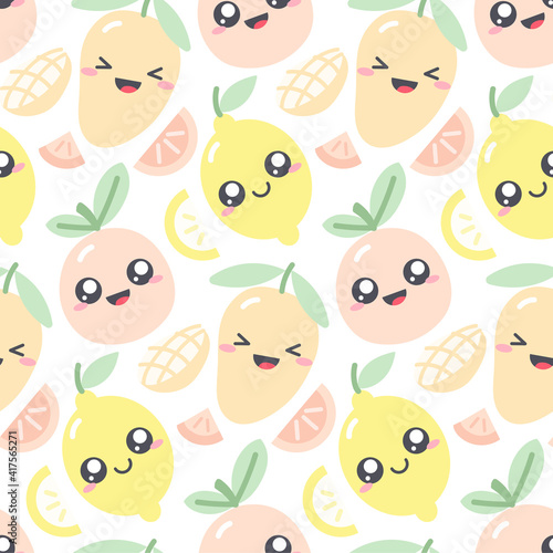 Seamless pattern design with kawaii fruits in pastel colors. Funny illustration with cute fruit characters for kids clothes. Darwing of mango; lemon and grapefruit