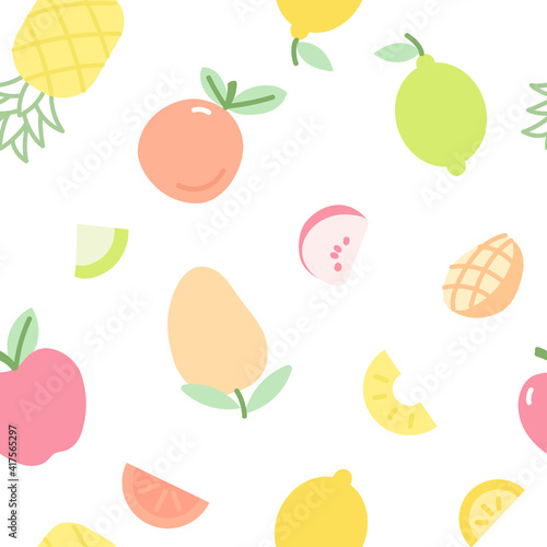 Fototapeta Naklejka Na Ścianę i Meble -  Seamless pattern with various fruits and fruit slices on white background for kids clothes.