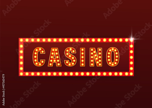 Retro banner casino on purple backdrop. Light effect. Bright star. Vector design banner. Game sign.