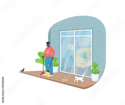 African american man sweeping porch flat color vector faceless character. Patio cleanup. Tidying outdoor floor. Spring cleaning isolated cartoon illustration for web graphic design and animation