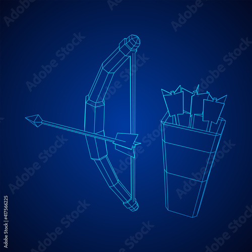 Medieval Bow and arrow archer weapon. Wireframe low poly mesh vector illustration.