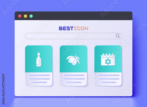 Set Olives branch, Jewish wine bottle and calendar icon. Vector.