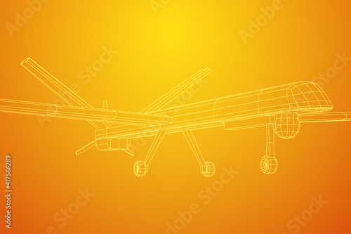 Military drone combat unmanned aerial vehicle. Recon aircraft plane. Wireframe low poly mesh vector illustration.