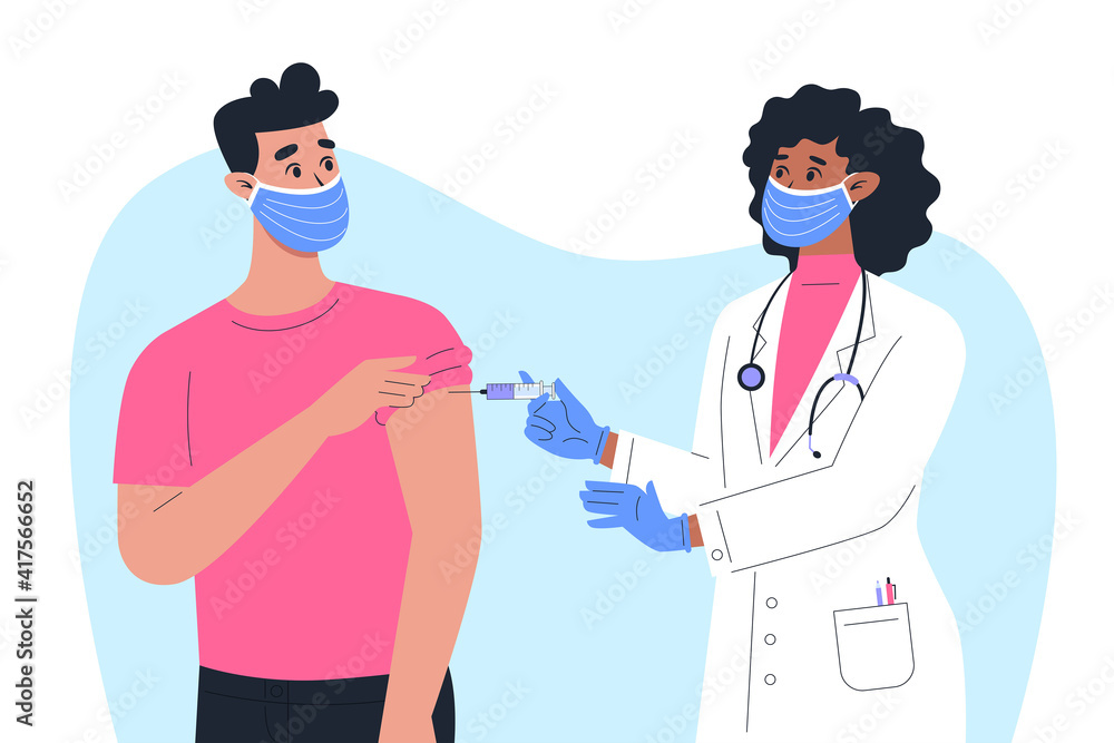 A female doctor in a mask and gloves makes a vaccine to a male patient A female doctor in a mask and gloves makes a vaccine to a male patient