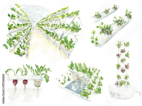 Watercolor illustration set of urban farming and gardening. Modern technologies for growing eco plants, distant control at process, farm develop, hydroponics.