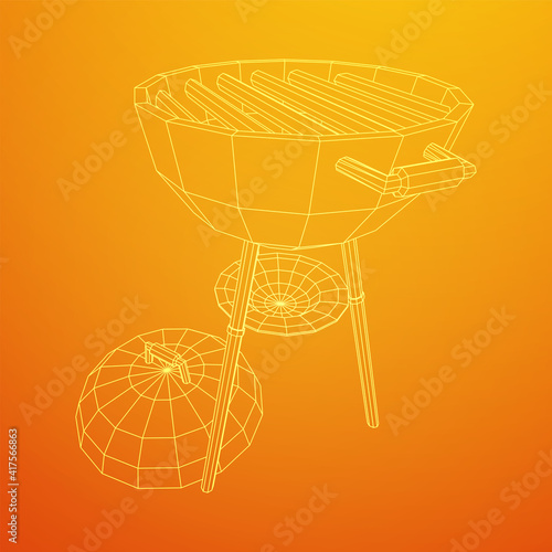 Round barbecue grill. Outdoor bbq party. Wireframe low poly mesh vector illustration