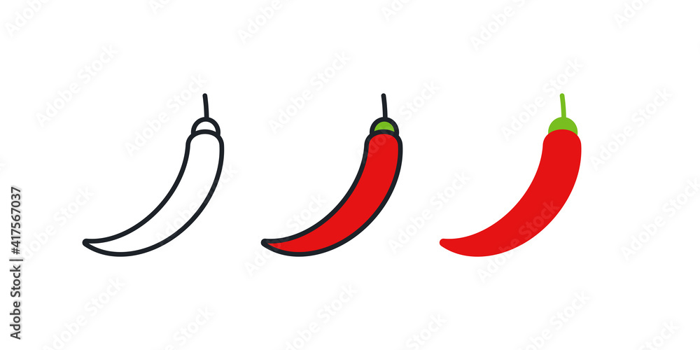 Chili pepper icon. Linear color icon, contour, shape, outline. Thin line. Modern design. Vector set. Illustrations of vegetables. Chili pepper icon. Linear color icon, contour, shape, outline. Thin line. Modern design. Vector set. Illustrations of vegetables.