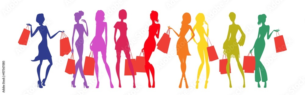 Crowded ladies silhouettes and shopping bags. Colorful vector silhouette illustrations.