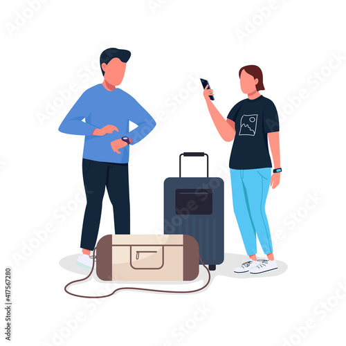 Couple waiting for flight flat color vector faceless characters. Virus quarantine traveling restrictions. People going on vacation isolated cartoon illustration for web graphic design and animation