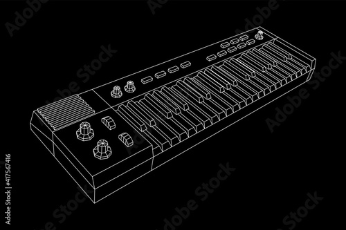 Piano roll analog synthesizer faders buttons knobs. Wireframe low poly mesh vector illustration.