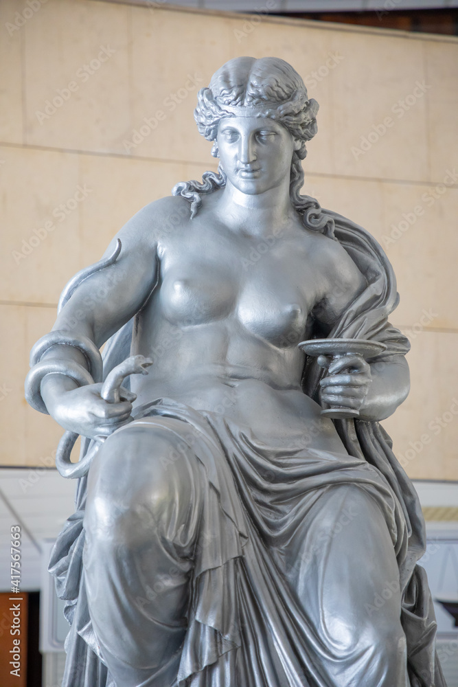 Hygieia statue in Karlovy Vary placed at the Hot Springs Colonnade, without people, Czech republic