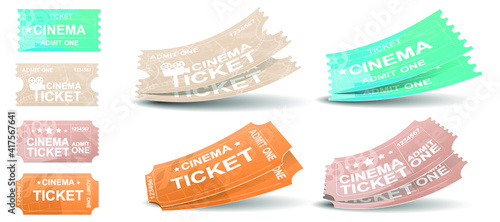 Set of cinema tickets isolated on white background. Retro style design. Ticket, coupon, pass. Cinema ticket realistic icon in flat style. Vector illustration