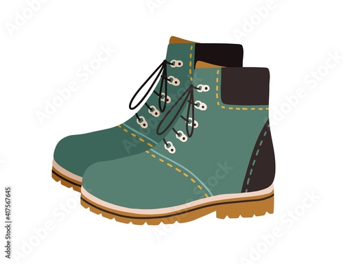 Modern hiking or tracking boots with flat sole and laces. Fashion casual walking footwear. Colored vector illustration of trendy trekking shoes isolated on white background photo