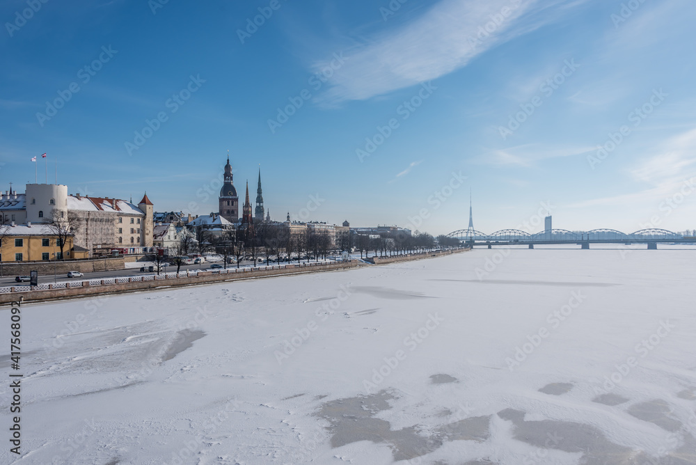 Fototapeta premium Frozen River next to Riga, Latvia in mid Winter