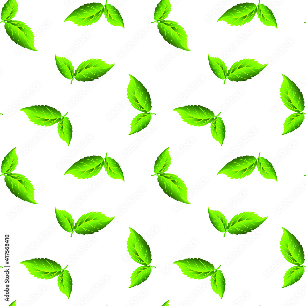 Green leaves of trees on a white background, texture for design, seamless pattern, vector illustration Green leaves of trees on a white background, texture for design, seamless pattern, vector illustration