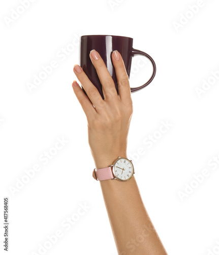 Woman holding elegant wine red cup on white background, closeup