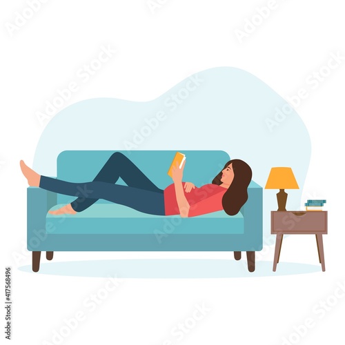 Pregnant woman rest at home. The beautiful woman lying on the couch and reading a book. Vector illustration
