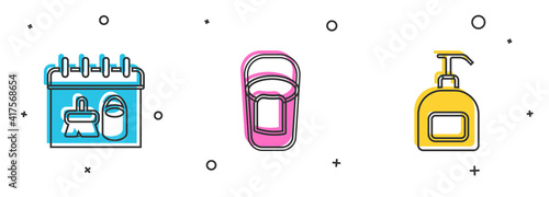 Set Cleaning calendar, Bucket with rag and Bottle of liquid soap icon. Vector.