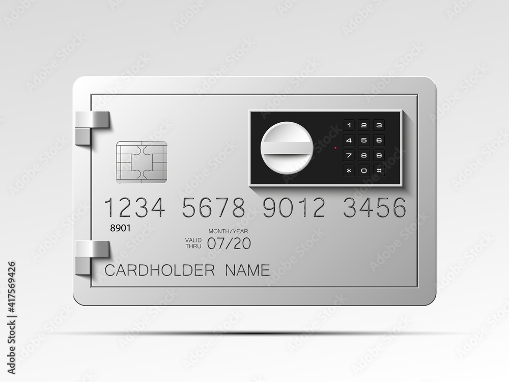 Credit card with Electronic lock picture. Bank card with image combination lock on front side. Plastic card with steel safe. Debit card with electromagnetic locking devices chip illustration Credit card with Electronic lock picture. Bank card with image combination lock on front side. Plastic card with steel safe. Debit card with electromagnetic locking devices chip illustration
