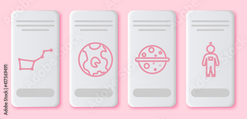 Set line Great Bear constellation, Earth globe, Planet Venus and Astronaut. White rectangle button. Vector.
