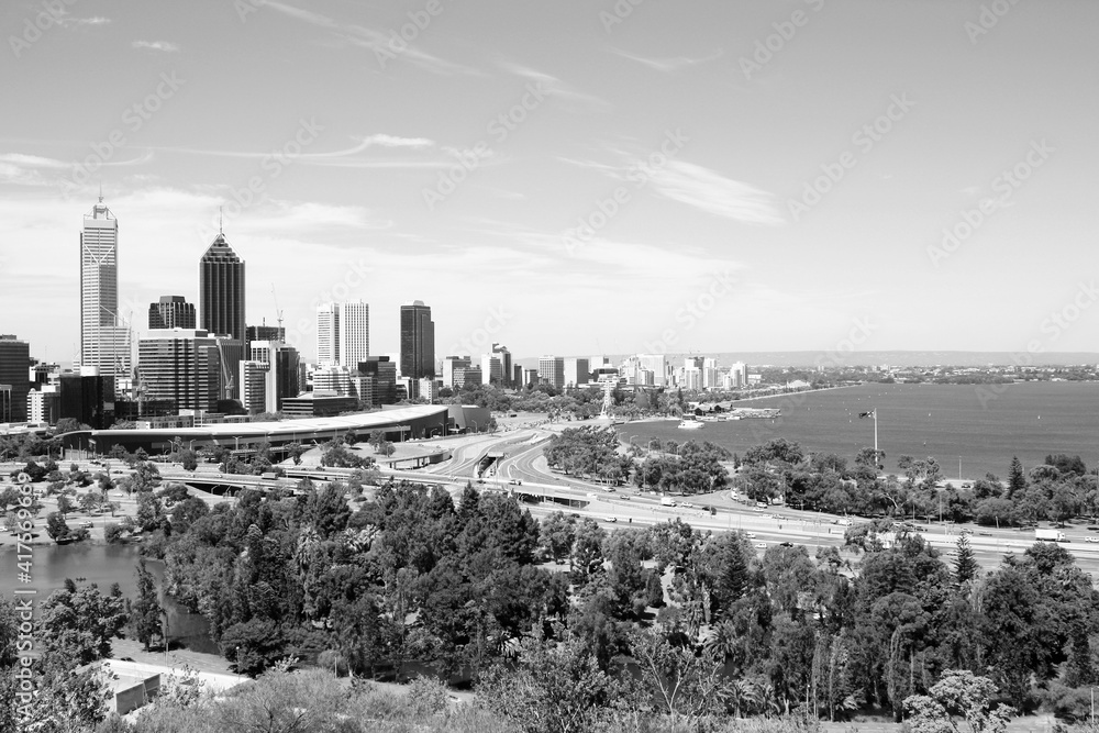 Perth city. Black and white Australia.