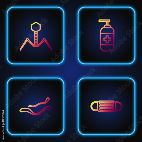 Set line Medical protective mask, Ebola virus disease, Bacteria bacteriophage and Bottle of liquid antibacterial soap. Gradient color icons. Vector.