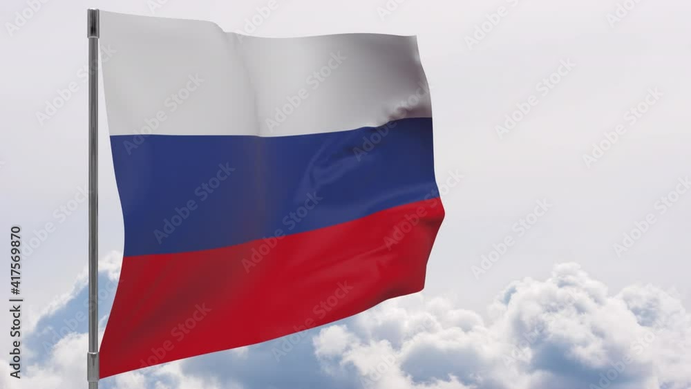 Russia flag on pole with sky background seamless loop 3d animation Russia flag on pole with sky background seamless loop 3d animation