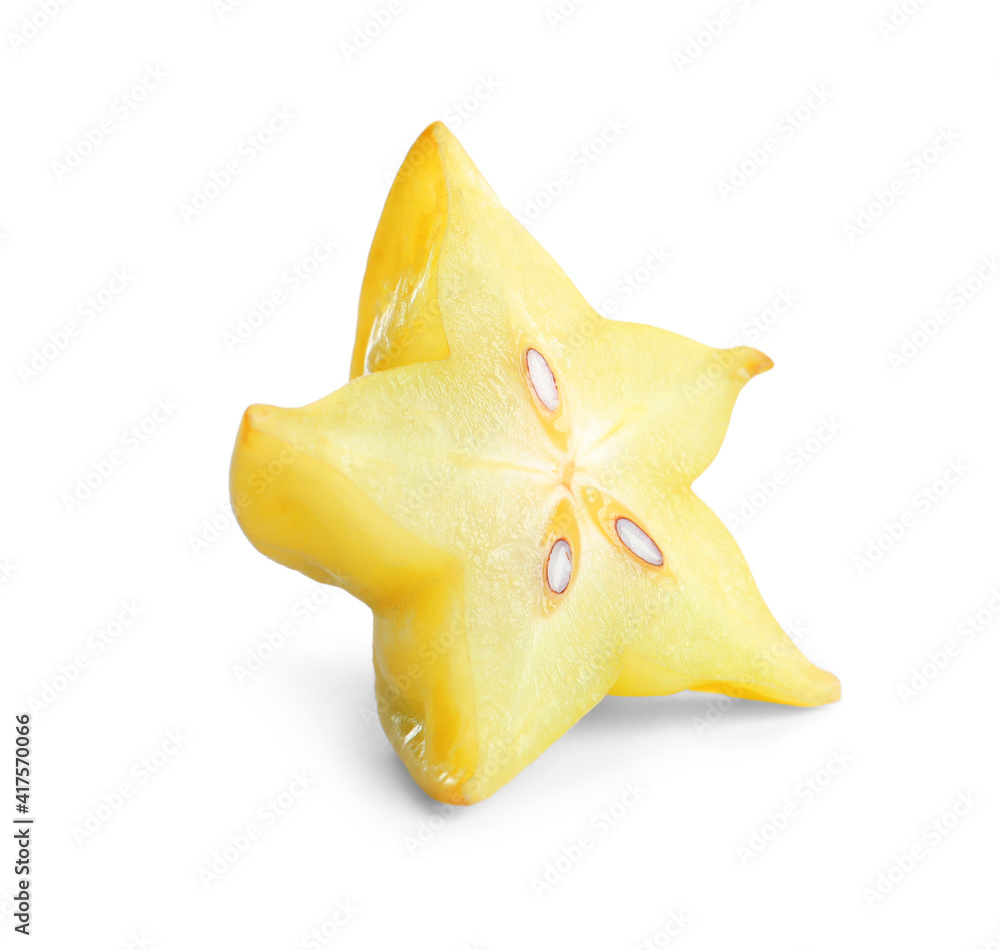 Fototapeta premium Slice of ripe carambola isolated on white. Exotic fruit